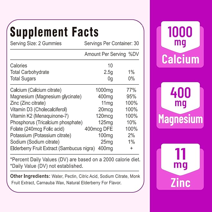 Calcium Magnesium Zinc Gummies with Vitamin D3 and K2, High Absorption Magnesium Glycinate Potassium for Immune and Muscles, Vegan Elderberry Flavor 120 Gummies