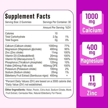 Calcium Magnesium Zinc Gummies with Vitamin D3 and K2, High Absorption Magnesium Glycinate Potassium for Immune and Muscles, Vegan Elderberry Flavor 120 Gummies