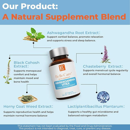 BELLECARE Hormone Balance Capsules for Women, Cortisol Supplements, Female Menopause Supplement with Ashwagandha 600mg Per Serving,Chaste Berry,Black Cohosh for Stress, Mood, Sleep Support,60 Count