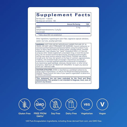 Pure Encapsulations DHEA 5 mg - Immune Support & Hormones Balance* - Micronized DHEA - Gluten Free & Vegan - 180 Capsules