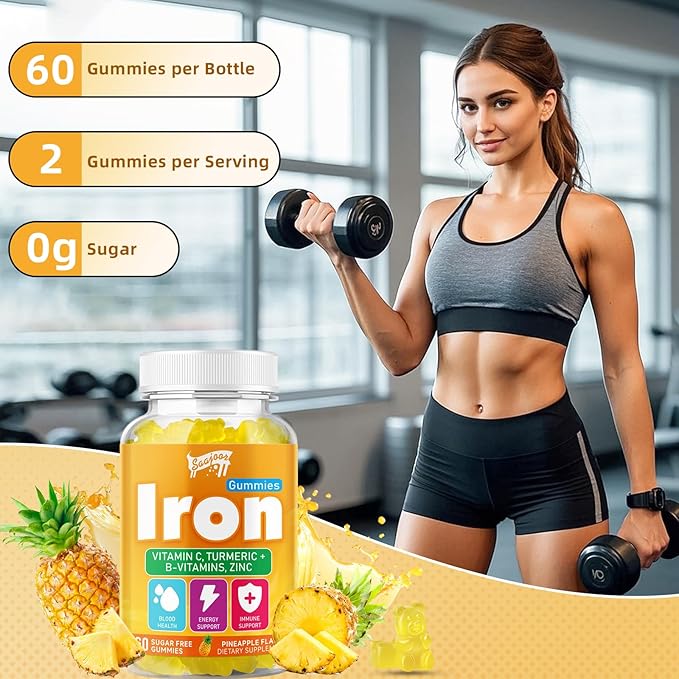 Iron Gummies with Multivitamin for Adults & Kids – Packed with Vitamin B6, B12, C, Zinc, and Folate – for Blood Health & Energy Boost – Pineapple Flavor, Vegan-Friendly, 60 Gummies