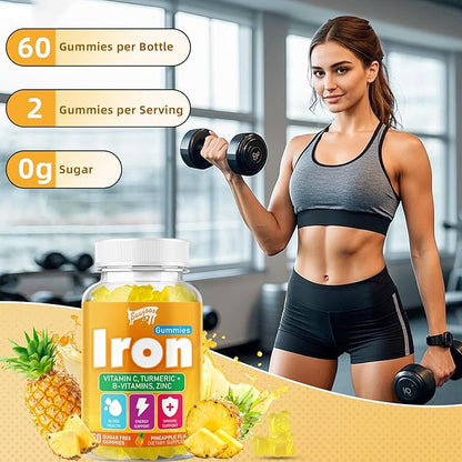 2 Pack Iron Gummies with Multivitamin for Adults & Kids – Packed with Vitamin B6, B12, C, Zinc, and Folate – for Blood Health & Energy Boost – Pineapple Flavor, Vegan-Friendly, 120 Gummies