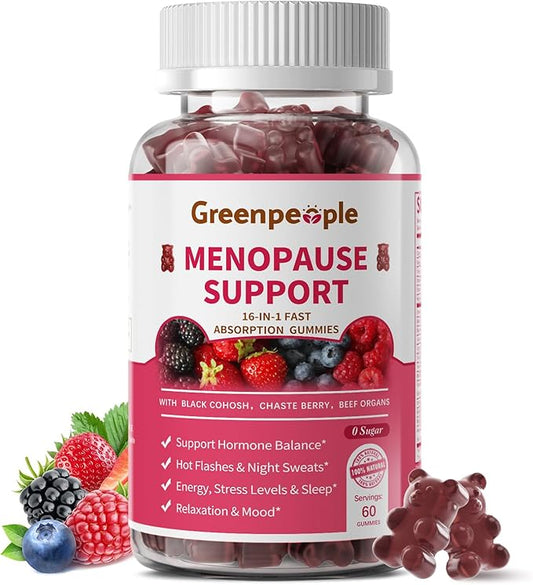 GREENPEOPLE Menopause Supplements for Women Gummies - 16-in-1 Dual Action Menopause Relief W/Black Cohosh, Vitex, Beef Organs for Hormone Balance, Hot Flashes, Night Sweats & Mood, Sugar-Free 60 CT