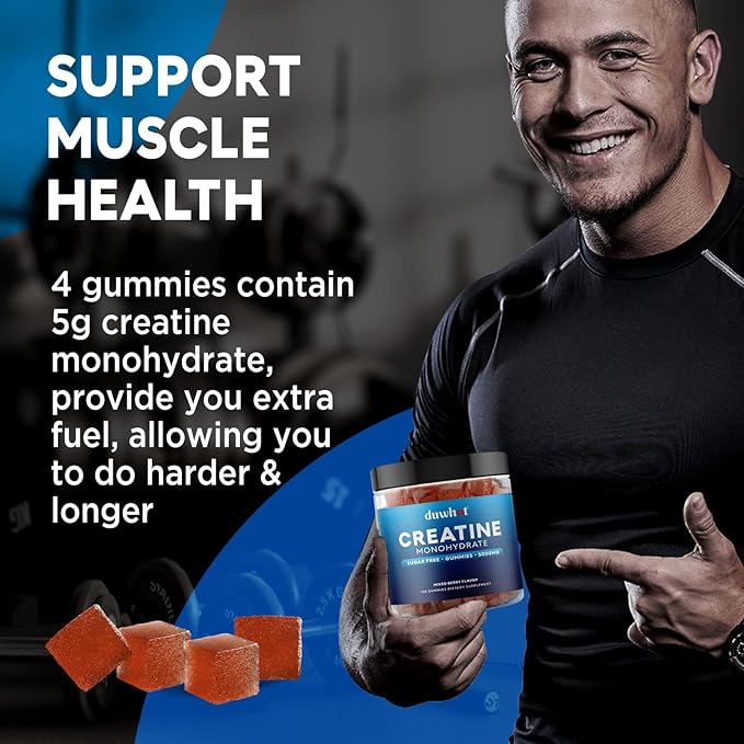 duwhot Creatine Monohydrate Gummies for Men, Creatine Monohydrate Chewables 5g Per Serving, Vegan, Sugar Free, Mixberry Flavor, 120 Count
