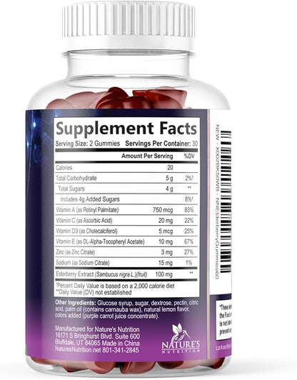 Elderberry Gummies - Black Elderberry Extract Immune Support Gummy with Vitamin C, D3 and Zinc - Sambucus Immune Health Support Supplement for Kids & Adults, Black Elder Berry Vitamins - 60 Gummies