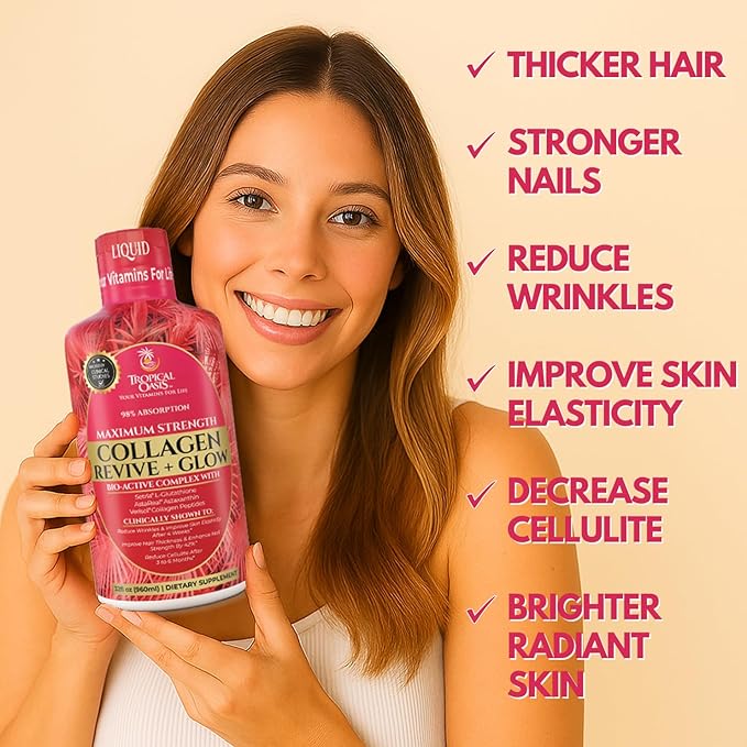 Tropical Oasis Liquid Collagen Glow for Women & Men | 5000mg VERISOL Collagen Peptides + 12500mcg Biotin | Clinically Tested for Thicker Hair, Brighter Skin, Wrinkles & Stronger Nails | 32 Serv