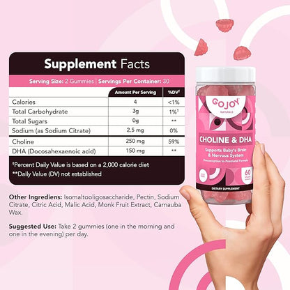 Prenatal Gummies with Choline & DHA - Preconception, Pregnancy & Postnatal Vitamins for Women - Choline 250mg + DHA 150mg - Vegan, Sugar-Free, Non-GMO