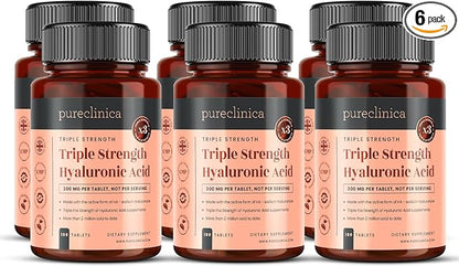 pureclinica Hyaluronic Acid 300mg x 1080 Tablets (6 Bottles of 180 Tablets - 3 Years Supply). Triple Strength Hyaluronic Acid. 300% Stronger Than Any Other HLA Tablet