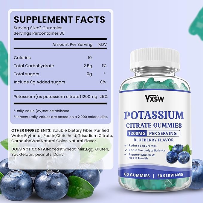 Potassium Citrate 1200mg Gummies for Adults Women & Men, Chewable Potassium Supplement for Muscle Health & Electrolyte Support, Sugar Free, Blueberry Flavor, 120 Count
