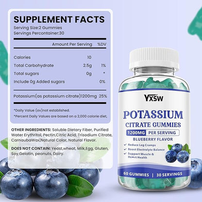 Potassium Citrate 1200mg Gummies for Adults Women & Men, Chewable Potassium Supplement for Muscle Health & Electrolyte Support, Sugar Free, Blueberry Flavor, 120 Count