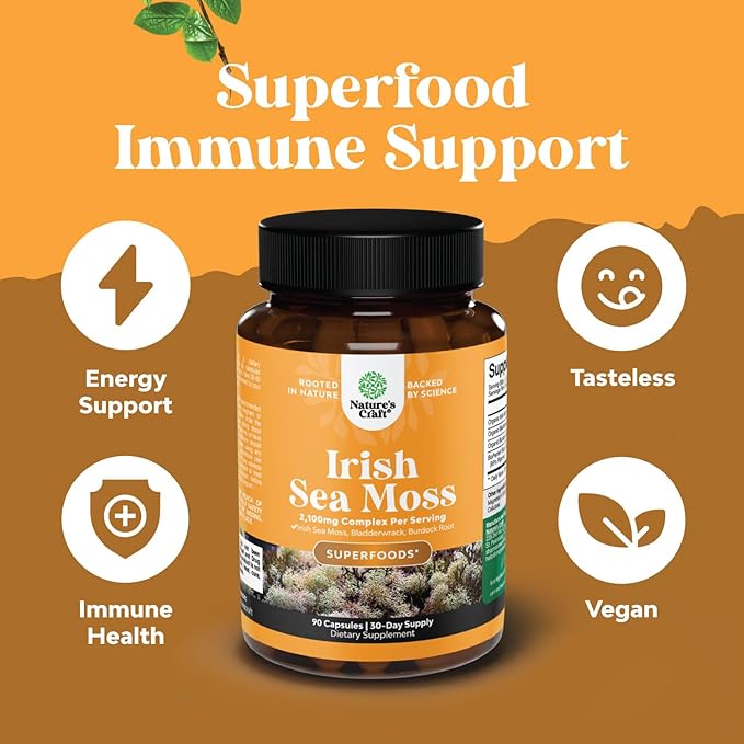 Natures Craft Irish Sea Moss Capsules - Sea Moss Pills with 2100mg Serving Superfood Complex with Bladderwrack Burdock Root and BioPerine for Immune Skin & Thyroid Support - Vegan Non-GMO - 90 Count