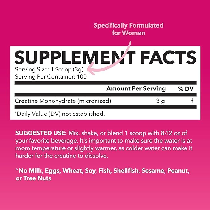 Creatine for Women - Formulated for Women - 3g Micronized Creatine Monohydrate Per Serving to Support Energy, Lean Muscle Mass, and Mental Clarity - Unflavored, Vegan, Non-GMO, 100 Servings