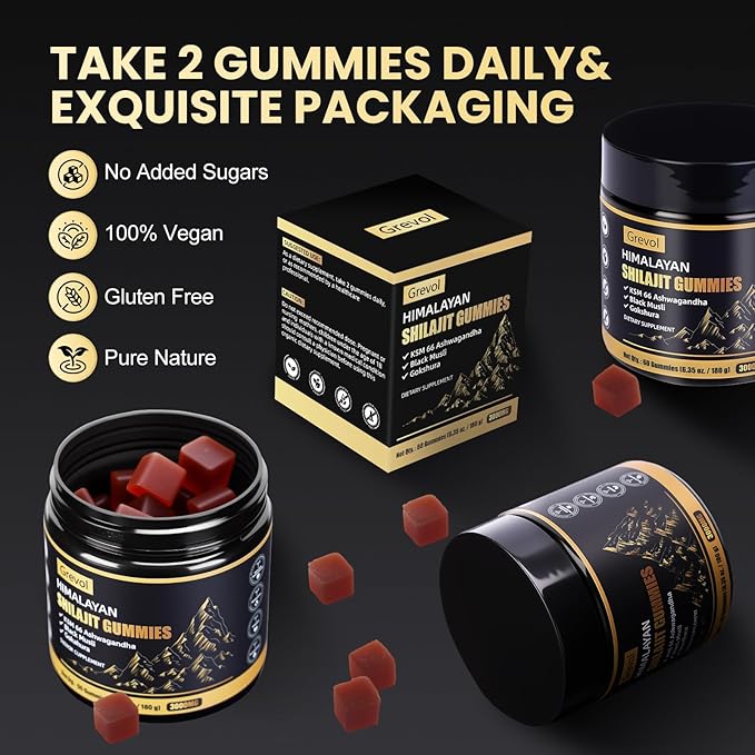 Grevol Himalayan Shilajit Gummies with Ashwagandha - Fulvic Acid & 85+ Trace Minerals - No Added Sugar - Shilajit for Men & Women - 60 Gummy