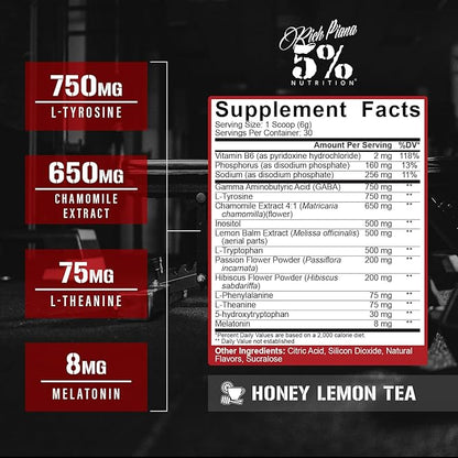 5% Nutrition Rich Piana Knocked Out Natural Sleep Aid Powder | Post-Workout Recovery & Deep Sleep Supplement | GABA, Melatonin, Chamomile, Tyrosine, 5-HTP, & More | 30 Servings (Honey Lemon Tea)