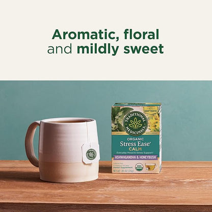 Traditional Medicinals Organic, Stress Ease Calm with Adaptogens, Ashwagandha & Honeybush - Promotes Relaxation - Kosher, Non-GMO, Caffeine-Free, Compostable - 16 Tea Bags