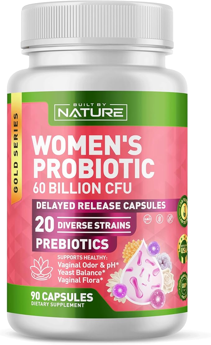 Built by Nature Probiotic for Women 60 Billion CFU – 20 Strains + Prebiotics – Vaginal & Digestive Support – Delayed Release Capsules, Shelf Stable – 3 Month Supply - 90 Capsules