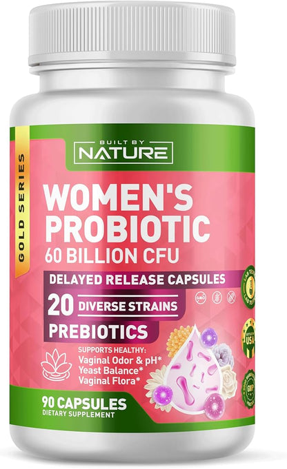 Built by Nature Probiotic for Women 60 Billion CFU – 20 Strains + Prebiotics – Vaginal & Digestive Support – Delayed Release Capsules, Shelf Stable – 3 Month Supply - 90 Capsules