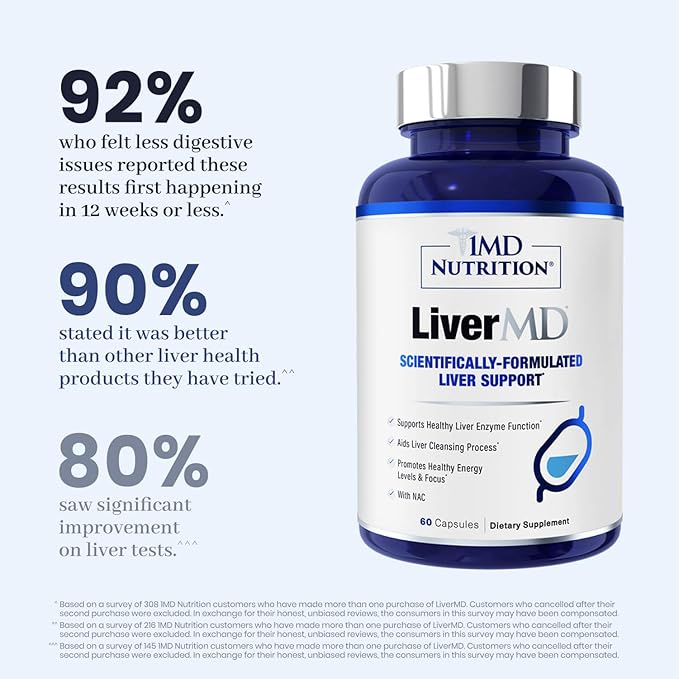 1MD Nutrition LiverMD - Liver Support Supplement | Siliphos Milk Thistle Extract & NAC - Supports Healthy Energy, Immunity & Overall Health - Liver Cleanse & Support | 60 Capsules