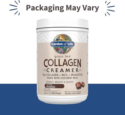 Garden of Life Grass Fed Collagen Creamer Powder - Chocolate, 12 Servings, Powder for Coffee Energy Beauty Joints, Collagen Peptides with Coconut MCTs, Keto Protein Supplements