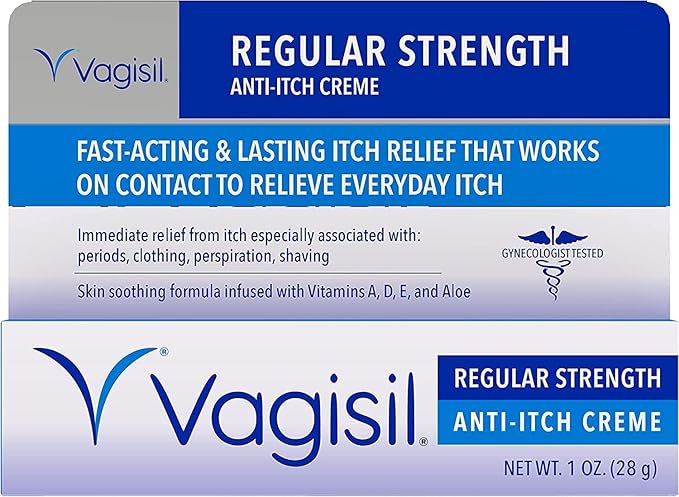 Vagisil Regular Strength Anti-Itch Feminine Cream for Women, Gynecologist Tested, Hypoallergenic, Fast-acting and Long-lasting Itch Relief, Vaginal Moisturizer Soothes and Cools, 1 oz (Pack of 2)