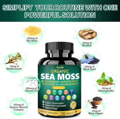 Bualle Irish Sea Moss Capsules – Organic Sea Moss, Black Seed Oil, Ashwagandha Supplements with Bladderwrack, Ginger & Burdock Root – Supports Daily Wellness, Skin & Energy – 150 Count (1 Pack)