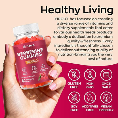Berberine Gummies 2000mg-Natural High Potency Berberine HCL Supplement - Immune System & Metabolism Support - Vegan, Non-GMO - Delicious Raspberry Flavor (60 Count（Pack of 1）)