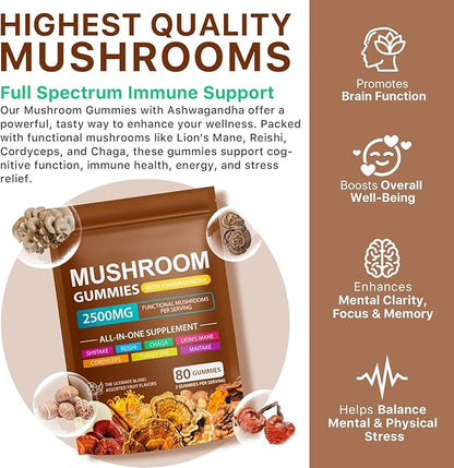 Mushroom Gummies for Adults,10x Mushroom Supplement,Energy, Focus, Mood & Cognitive Support,Vegan, Immune, Brain Support & Chill Mushroom Complex Gummy,80 Gummies