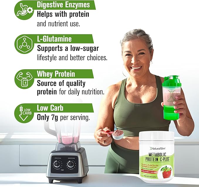 Metabolic Protein C-Plus Whey Protein Powder & Shake Meal Replacement with Vitamin C, L-Glutamine & Digestive Enzymes, Low Carb Protein Drink, Support Metabolism, Energy & Gut health 1.1lb Strawberry