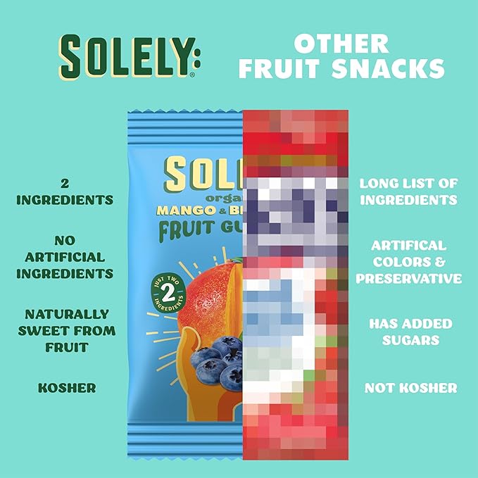SOLELY - Organic Mango & Blueberry Whole Fruit Gummies (Pack of 8 Boxes, 5 Bags per Box) - Real Fresh Fruit - Healthy Snacks for Adults & Kids - Non GMO, Vegan Snacks, Shelf Stable - 40 Bags (3.5 oz)