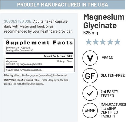 NatureWise Magnesium Glycinate 625 mg - High Absorption Chelated Magnesium Glycinate for Sleep, Relaxation, Muscle & Bones* - Gentle on Stomach, Vegan, Non-GMO - 90 Capsules[90-Day Supply]
