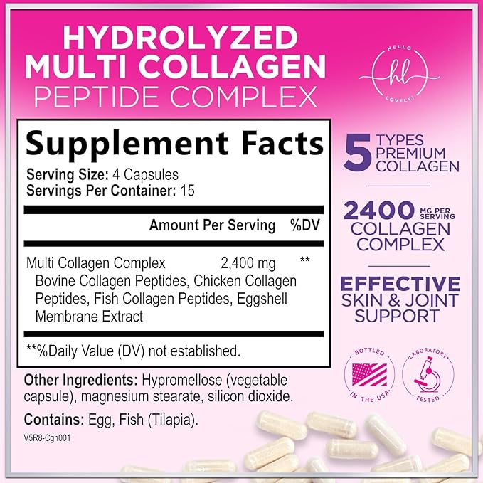 Multi Collagen Peptides Complex - Advanced Hydrolyzed Collagen Supplement Pills with Type I, II, III, V & X - Hair, Skin, Nail & Joint Support Supplement for Women & Men - USA Bottled - 60 Capsules