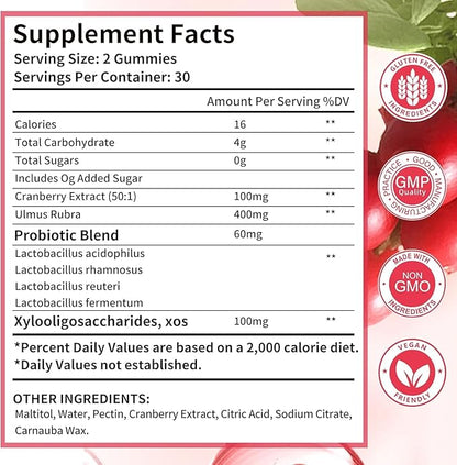 Women Probiotic Gummies for Feminine Health, Supports pH Balance, Vaginal Health, Odor Control & Yeast Balance, Digestive & Immune Support, Sugar Free Cranberry Flavor, 60 Count (Pack of 2)