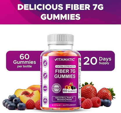 Vitamatic Prebiotic Fiber Gummies for Adults – 4 Pack (Total 120 Gummies) 7g Fiber per Serving | Extra Strength | Zero Sugar Added | Pectin-Based | Digestive Health & Regularity Support