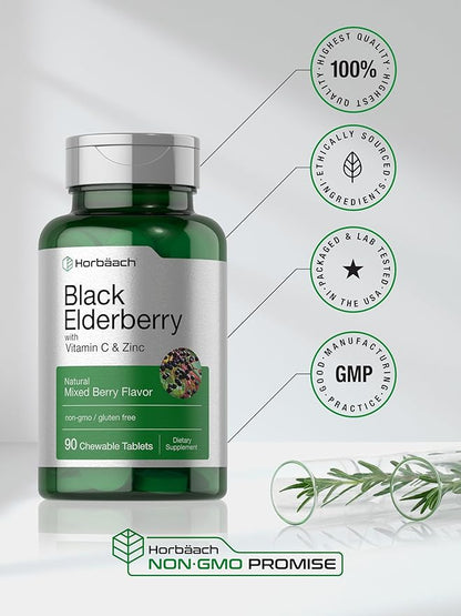 Horbaach Black Elderberry with Vitamin C and Zinc | 90 Chewable Tablets | Mixed Berry Flavor | Immune Support Complex | Vegetarian, Non-GMO, and Gluten Free Supplement