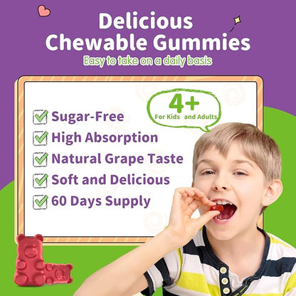 Magnesium Gummies for Kids - Magnesium Glycinate Gummies Supplement with L-Theanine, Vitamin B6, D3 for Kids & Adults - Support Calm, Sleep, Relaxation, Brain, Bones, Sugar Free Grape 60ct