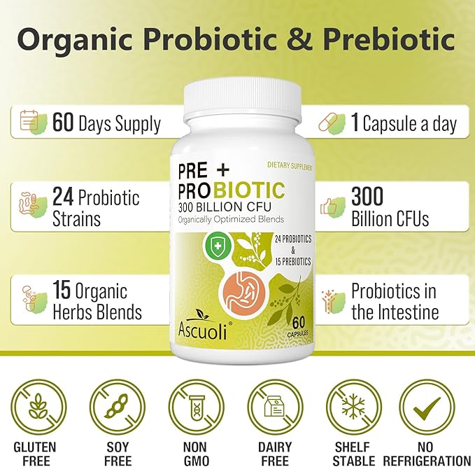 Ascuoli Probiotics for Women & Men - 300 Billion CFU, 24 Strains Probiotics + 15 Organic Herbs Blend, Daily Probiotic for Digestive Health, Immune, Gut, Bloating - 60 Capsule