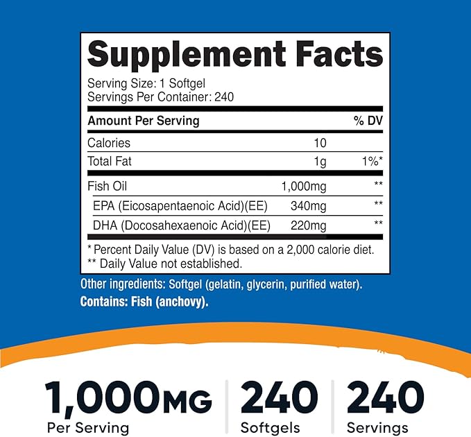 Nutricost Fish Oil Omega 3 Softgels with EPA & DHA (1000mg of Fish Oil, 560mg of Omega-3), 240 Softgels, Non-GMO, Gluten Free.