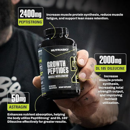 NutraBio Growth Peptides |Muscle Accelerator with DiLeucine & PeptiStrong | Peptides for Muscle Growth Men & Women- 28 Servings- 196 Capsules