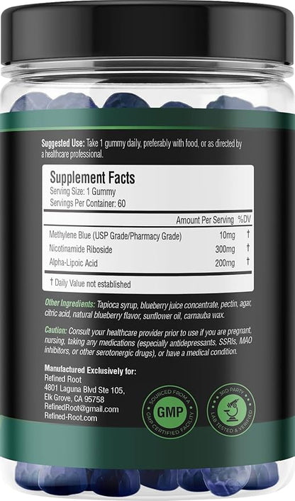 Methylene Blue Pharmaceutical Grade Gummies with Alpha Lipoic Acid (ALA) & NAD, Methylene Blue Gummies Cognitive Support, 60 Day Supplement