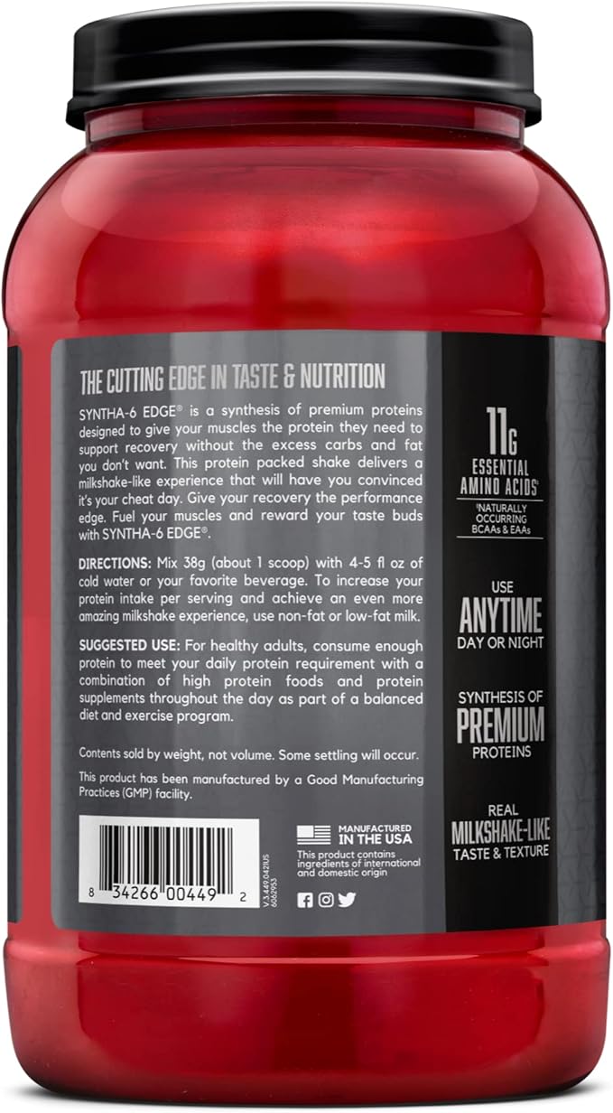 BSN SYNTHA-6 EDGE Protein Powder, Strawberry Protein Powder with Hydrolyzed Whey, Micellar Casein, for Muscle Gain, Low Sugar, 24g Protein, Strawberry Milkshake, 28 Servings, 2.34 Pound (Pack of 1)