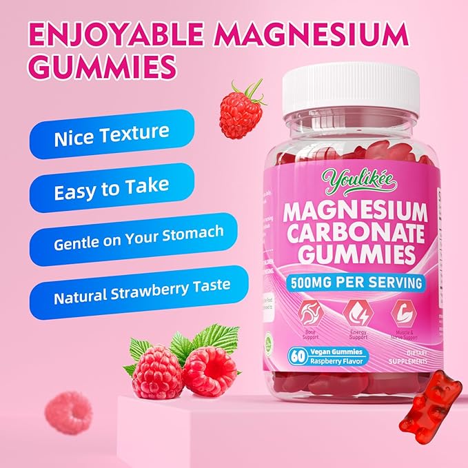Magnesium Carbonate 500mg Gummies, High Absorption Magnesium Supplement for Adults - Support Muscle Function, Vegan, Sugar Free, Raspberry Flavor, 60 Count
