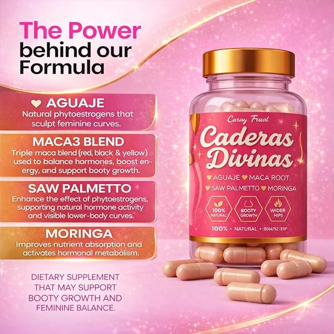 Caderas Divinas : Bigger Booty & Wider Hips – Aguaje + Maca Pills with Moringa & Saw Palmetto – 4 Super Ingredients for Natural Curve Growth – by CurvyFruit – 60 Capsules
