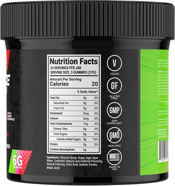Bounce Pro Creatine Monohydrate Gummies for Men & Women, Low Calorie, 6G of Creatine per Serving, Vegan, Anti-Melting, Gluten-Free, Non-GMO (72 Count (Pack of 1), Strawberry Kiwi)