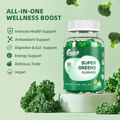 Multivitamin Super Greens Gummies - Daily Vegan Gummy Vitamins for Women, Apple Flavor | Organic Blend with Vitamin C, Turmeric, Zinc, Immune Support, Energy Booster, Metabolism | 60 Count