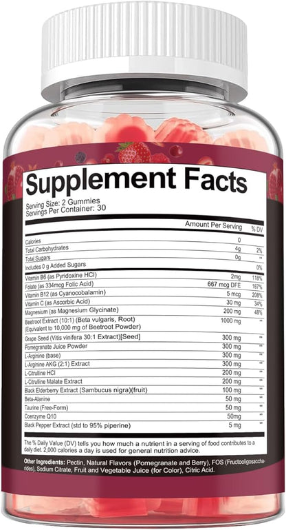 Totaria Beet Root Gummies - Beetroot Supplement with Grape Seed, Pomegranate, Vitamin C, B12 & B3 - Nitric Oxide Gummies for Heart, Energy, Muscle & Circulation Support Vegan, Non-GMO, Sugar Free