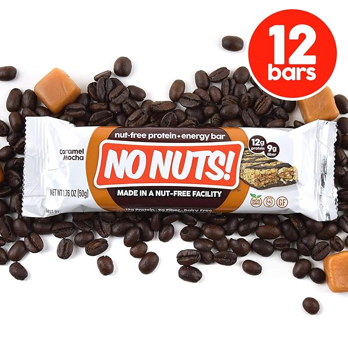 No Nuts! Caramel Mocha Protein Bars Nut-Free & School-Safe | 12g Plant Protein, Dairy-Free, Vegan, Gluten-Free, Non-GMO, Organic, Kosher | 12 Count