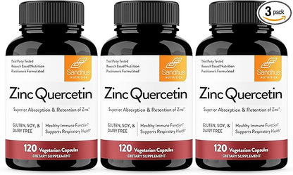 Sandhu's Zinc Quercetin 120 Vegetarian Capsules (Pack of 3) | High Absorption Zink Supplements for Immunity and Seasonal Allergy | Antioxidant Immune Support for Men and Women | Easy to Swallow