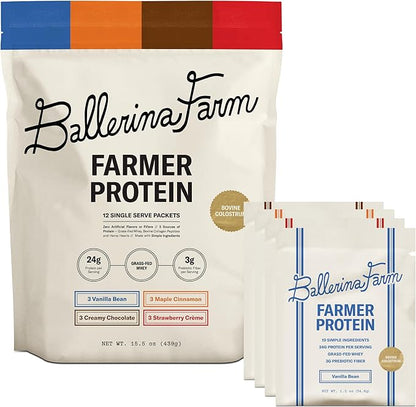 Ballerina Farm Grass Fed Whey Protein Powder, 4 Flavor Variety Pack, 24g Protein with Collagen Peptides, Bovine Colostrum, Hemp Hearts & Prebiotic Fiber, No Artificial Ingredients, 12 Servings