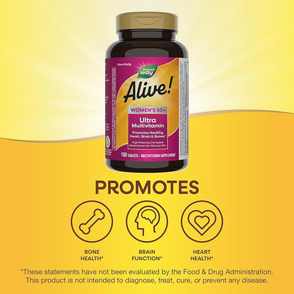 Nature’s Way Alive! Ultra Potency Multivitamin for Women 50 Plus, Complete High Potency Formula with Vitamin D3, C, E, Methylated B12, Supports, Heart, Brain, and Bone Health*, 150 Tablets