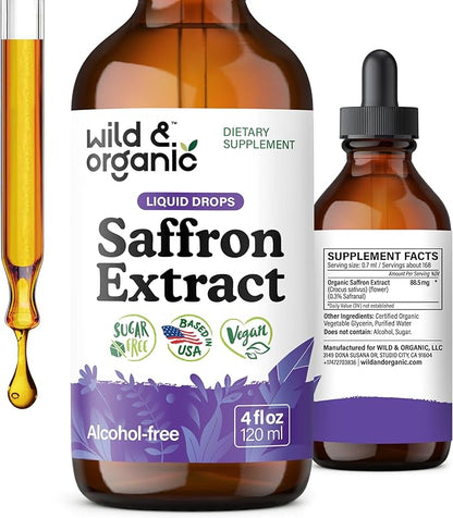 Wild & Organic Saffron Supplements 88.5 mg - 5-Month Supply - Saffron Extract Drops for Mood, Focus, Eye Support - Crocus Sativus Liquid Extract - Vegan, Alcohol & Sugar-Free Tincture - 4 fl oz